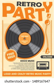 Retro party poster template with vinyl record and audio cassette tape. Disco music and dance event promotion. Musical vector illustration.