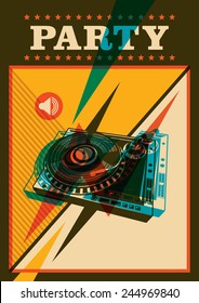 Retro party poster with turntable. Vector illustration.