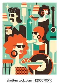 Retro party poster. Vector illustration in retro style. People dressed in the fashion of 60-70 years. Men and women in the bar with drinks. Musical instruments, vinyl discs.