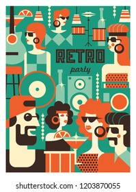 Retro party poster. Vector illustration in retro style. People dressed in the fashion of 60-70 years. Men and women in the bar with drinks. Musical instruments, vinyl discs.
