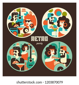 Retro party poster. Vector illustration in retro style. People dressed in the fashion of 60-70 years. Men and women in the bar with drinks. Musical instruments, vinyl discs.