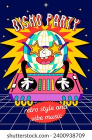 Retro party poster. Vintage cover with smiling disco ball DJ spinning discs or cassettes with nostalgic music in nightclub. Back to 90s. Invitation to karaoke event. Cartoon flat vector illustration