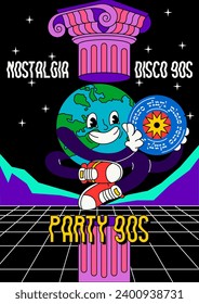 Retro party poster. Vintage cover with groovy character planet holding CD with disco music. Design element for invitation to nostalgic karaoke event in 90s style. Cartoon flat vector illustration