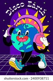 Retro party poster. Vintage flyer with groove character listening to old nostalgic music in headphones and dancing disco. Back to 90s. Invitation to karaoke event. Cartoon flat vector illustration