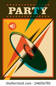 Retro party poster with vinyl. Vector illustration.