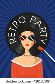 Retro party poster with a woman and vinyl record.