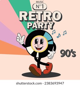 Retro party posters set. Colored vintage covers in 90s disco style. Disco event and nostalgic music. Comic character. Cartoon flat vector illustration