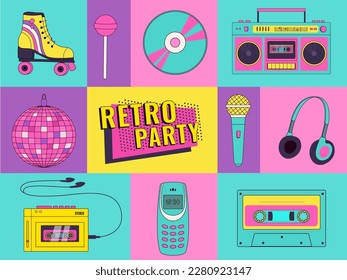 Fiesta retro fijada en 1990. Afiche de música geométrica con elementos de los años 90 al estilo del arte pop. Reproductor de audio, cassette, micrófono, teléfono, CD, bola de disco. Ilustración vectorial plana. Perfecto para un medio social, portada.