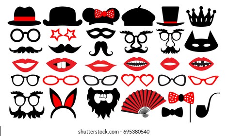 Retro party set. Party birthday photo booth props. Glasses, hats, lips, mustaches, tie, monocle, icons. vector illustration