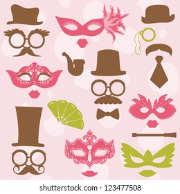 Retro Party set - Glasses, hats, lips, mustaches, masks - for design, photo booth, scrapbook in vector