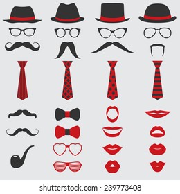 Retro Party set - Glasses, hats, lips, mustaches, ties and pipe - for design, photo booth, scrapbook in vector