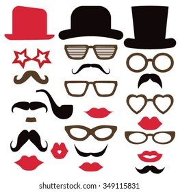 Retro Party set - Glasses, hats, lips, mustaches, ties and pipe - for design, photo booth, scrapbook in vector