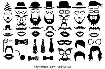 retro party set. glasses, hats, lips, mustaches, tie, beard, monocle, icons. vector illustration silhouette