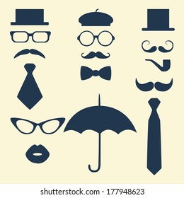 Retro Party set - glasses; lips; mustaches; umbrella; hat; tie