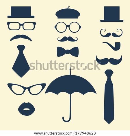 Retro Party set - glasses; lips; mustaches; umbrella; hat; tie