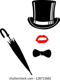  Retro Party set - Hat, lips, bow tie and umbrella