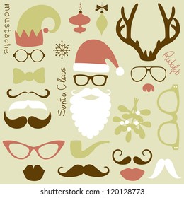 Retro Party set - Santa Claus beard, hats, deer antlers, bow, glasses, lips, mustaches