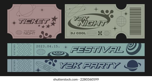 boletos de fiesta retro y plantilla de pulseras de control con elementos futuristas. Diseño estético Y2k.