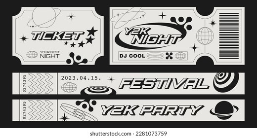 Retro-Party-Tickets und Control-Armbänder Vorlage mit futuristischen Elementen. Y2k ästhetisches Design.	