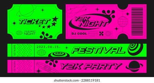Retro party tickets and control bracelets template with futuristic elements. Y2k aesthetic design.