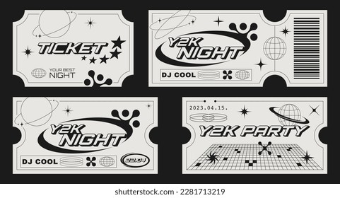 Retro party tickets template with futuristic elements. Y2k aesthetic design.	