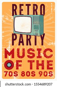 Retro Party typographic grunge poster design with old TV set. Vector illustration.