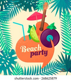 Retro party vector illustration with speech bubble, guitar and palm leaves.