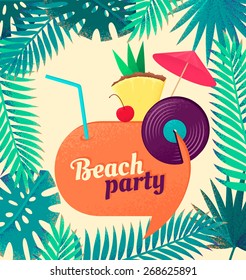 Retro party vector illustration with speech bubble and palm leaves. Cocktail, beach or retro music party concept. Design for poster, flyer or invitation