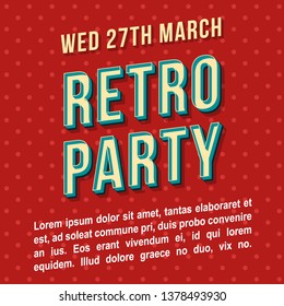Retro party vintage 3d vector lettering. Retro bold font, typeface. Pop art stylized text. Old school style letters. 90s, 80s promo poster, banner typography design. Red dotted color background 