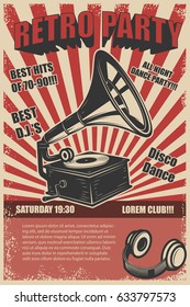 Retro party. Vintage gramophone on grunge background. Design elements for poster. Vector illustration