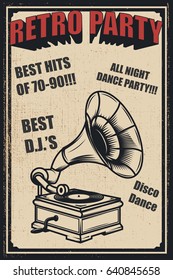 Retro party. Vintage gramophone on grunge background. Design elements for poster. Vector illustration