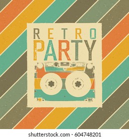 Retro Party. Vintage Music Party Leaflet Template. Retro colors. Audiocassette retro image. Grunge, vintage, textured illustration.