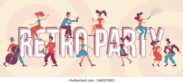 Retro party word concepts flat vector banner. Old fashioned 40s style. Isolated typography with tiny cartoon characters. 1950s music and dances creative illustration on vintage colors background