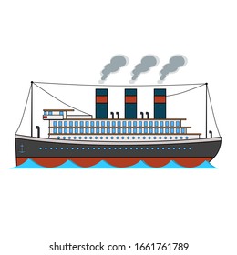 Retro passenger ocean steamboat in cartoon style on white background.