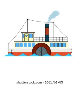 Retro passenger river steamboat in cartoon style on white background.