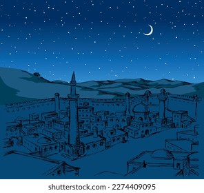 Retro past bible middl jew orient Africa egypt country urban fort desert hill valley scene even star view. Hand draw Iran Iraq Oman Turkey Persia square tower travel dark black line biblic art vector