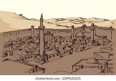 Retro past bible middl jew rural orient Africa egypt country urban fort desert hill valley scene place sky view Hand draw Iran Iraq Oman Turkey Persia square tower travel sketch line biblic art vector