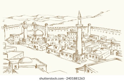 Retro past bible middl jew rural orient Africa egypt country urban fort desert hill valley scene place sky view Hand draw Iran Iraq Oman Turkey Persia square tower travel sketch line biblic art vector