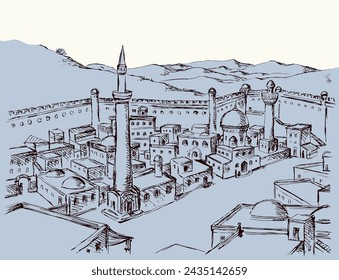 Retro past bible middl jew rural orient Africa egypt country urban fort desert hill valley scene place sky view Hand draw Iran Iraq Oman Turkey Persia square tower travel sketch line biblic art vector