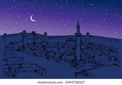 Retro past bible middl jew rural orient Africa egypt country urban fort desert hill valley scene place sky view Hand draw Iran Iraq Oman Turkey Persia square tower travel sketch line biblic art vector