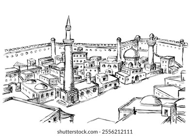 Retro past bible middl jew rural orient Africa egypt country urban fort desert hill valley scene place sky view Hand draw Iran Iraq Oman Turkey Persia square tower travel sketch line biblic art vector