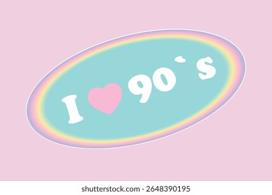 Retro crachá pastel com texto Adoro 90s dentro oval borda arco-íris em fundo rosa, design nostálgico