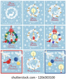 Retro pastel blue Christmas cards collection for winter holidays with paper cut out xmas wreath with conifer branches, cone, candle, reindeer, snowflakes, hanging northern cardinal bird toy and balls