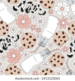 Retro pastel colour glass bottle of milk with striped cocktail straw and chocolate chip cookie vector seamless pattern. Groovy floral farm animal aesthetic background.