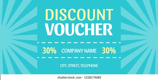 Retro pastel discount voucher with sea blue background. Vector fun 30% off coupon with sample text. Standard scaled size: 210*99 mm (8,3*3,4 in)