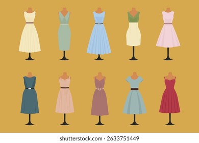 vestido pastel retro definido na ilustração vetor manequins.