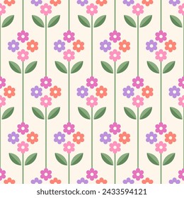 Retro pastel geometric flower seamless pattern background.