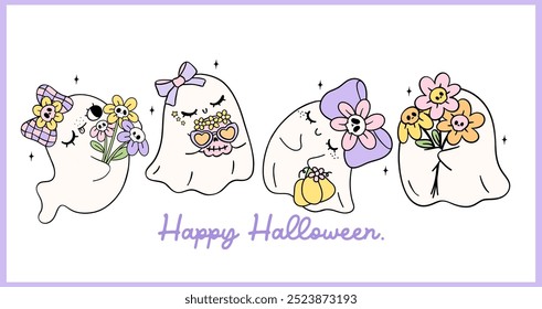 Retro Pastel Halloween Fantasmas Anuncio púrpura Coquette Spooky Cute Cartoon doodle dibujo camiseta diseño imprimible