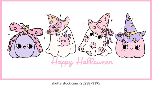 Retro Pastel Halloween Ghosts banner Coquette Spooky Cute Cartoon doodle drawing t shirt printable design