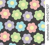 Retro pastel mod flowers black pattern. Classic retro shaped 6 petal flowers in pastel colors: pink, blue, green, yellow, purple.